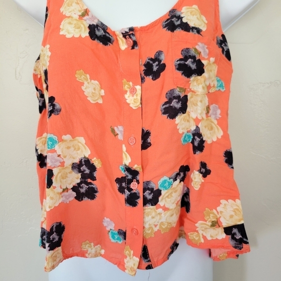 Kirra Medium Tank Top Cropped Orange Floral Button Front Blouse Shirt - Picture 3 of 8